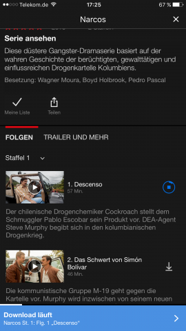 Eine Folge Narcos ist ungef&auml;hr 270 MByte gro&szlig;. (Screenshot: Golem.de)